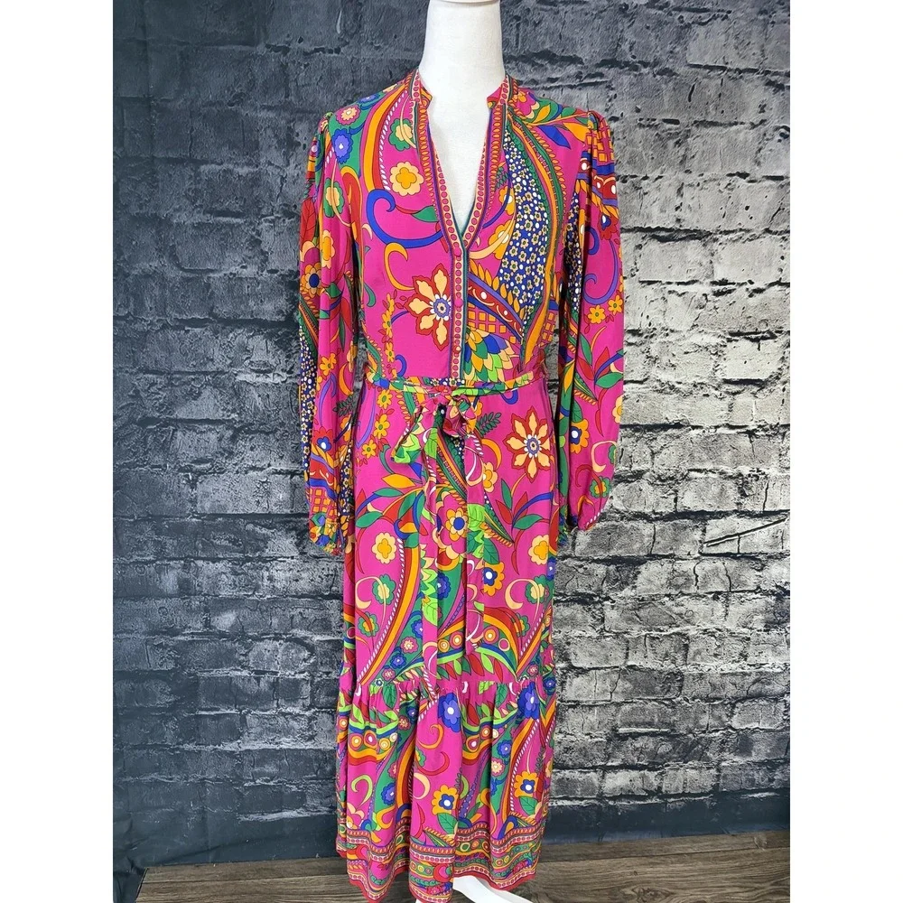 Adrianna Papell Womens Maxi Dress Size 6 Paisley Boho V Neck Balloon Sleeve - Picture 2 of 16